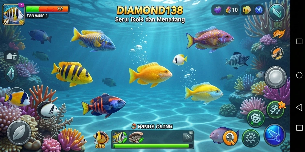 Tampilan gameplay seru DIAMOND138 dengan ikan berwarna-warni.