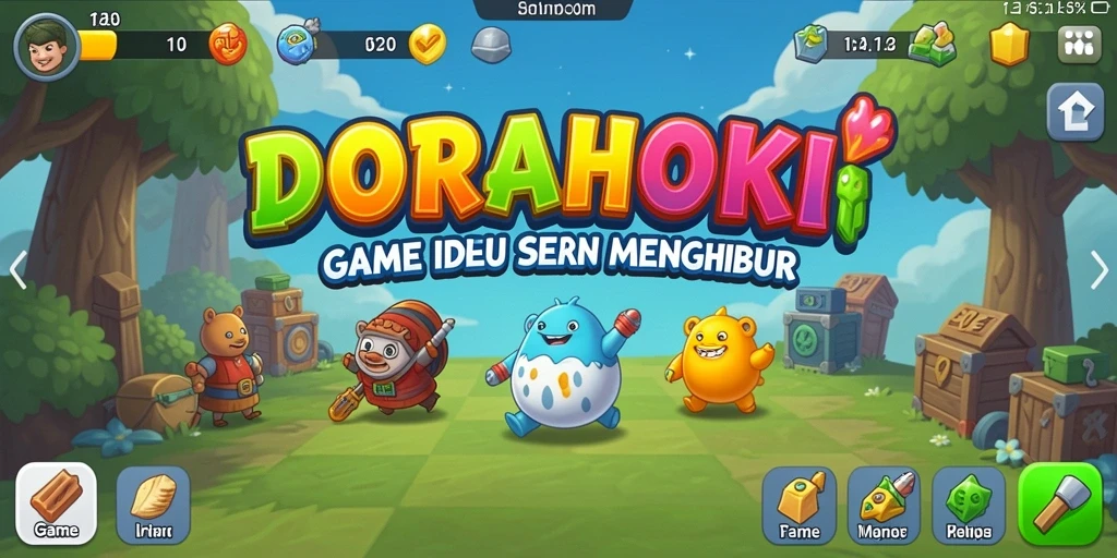 Screenshot gameplay DORAHOKI menampilkan karakter yang aktif dalam pengumpulan sumber daya.
