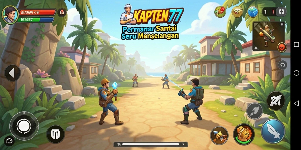 Tampilan gameplay KAPTEN77 dengan grafis yang cerah dan menarik.