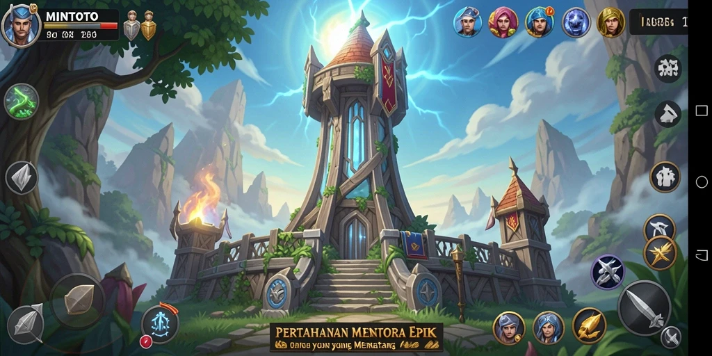Tampilan gameplay MINTOTO dengan menara dan musuh yang beragam.