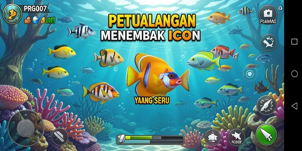 Screenshot gameplay PRG007 menampilkan serunya menembak ikan di dunia bawah laut.
