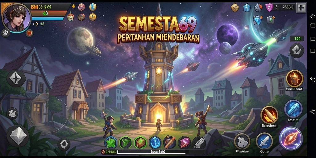 Screenshot menunjukkan aksi pertahanan menara yang intens dalam SEMESTA69.