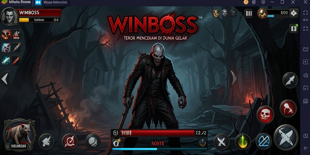 Tangkapan layar gameplay WINBOSS yang menampilkan suasana gelap dan menakutkan.